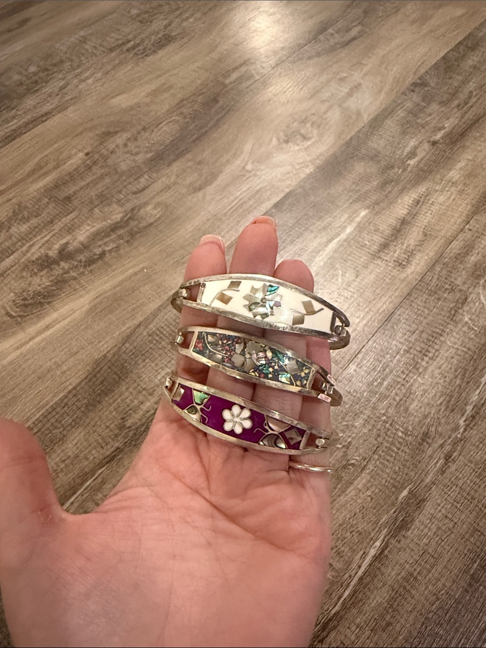 Handcrafted Floral Inlay Silver Bangle Bracelet - Purple & Multicolor